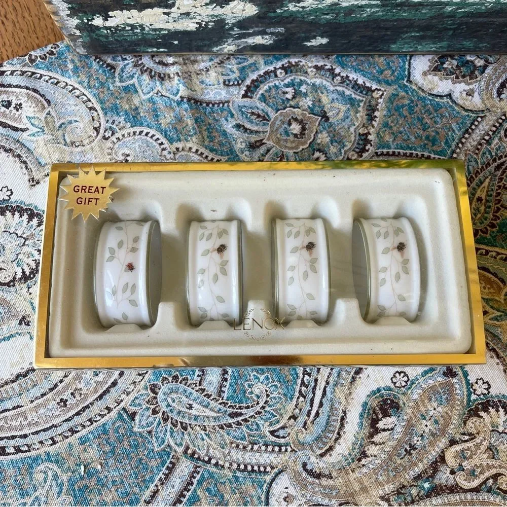 Lenox Butterfly Meadow Porcelain Napkin Rings Bee Ladybug Set of 4 Box #6227474